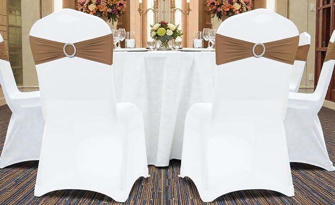 VDS - Mocha | Spandex Chair Sashes Bows | 75 PCS | Stretch Elastic Banquet Universal Folding Chair Band Tie with Silver Buckle Slider for Wedding Party Conference Celebration Event Decoration - Image 6