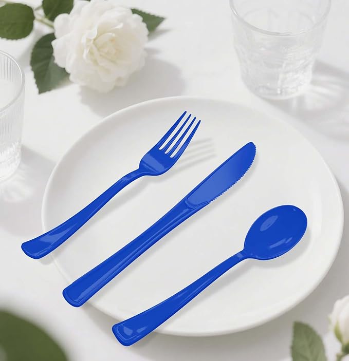 HEIPINIUYE 75 Pack Royal Blue Plastic Cutlery Heavy Duty Blue Plastic Knives Forks and Spoons Disposable Silverware Set for 25 Guest Camping Birthday Baby Shower Party Cutlery Set