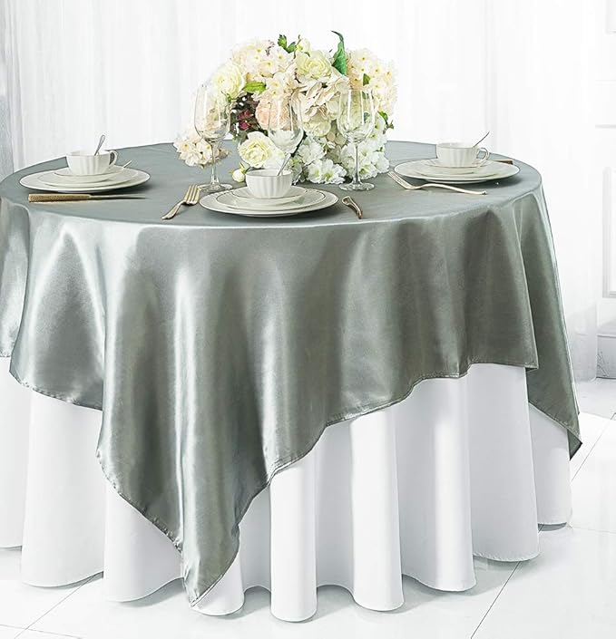 (2 PCS 54" Square Satin Table Overlays Toppers Tablecloths Table Overlay Cover Linens for Wedding Decoration Party Banquet Events - Silver/Gray