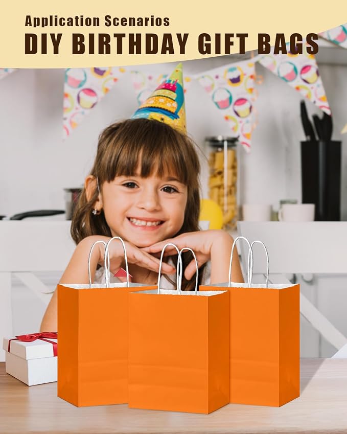 Bakepacker 24Pcs Paper Gift Bag with Handles Bulk Vibrant Orange Paper Bags Multiple Uses (8.3"x6"x3.15", Small Size) - Image 7