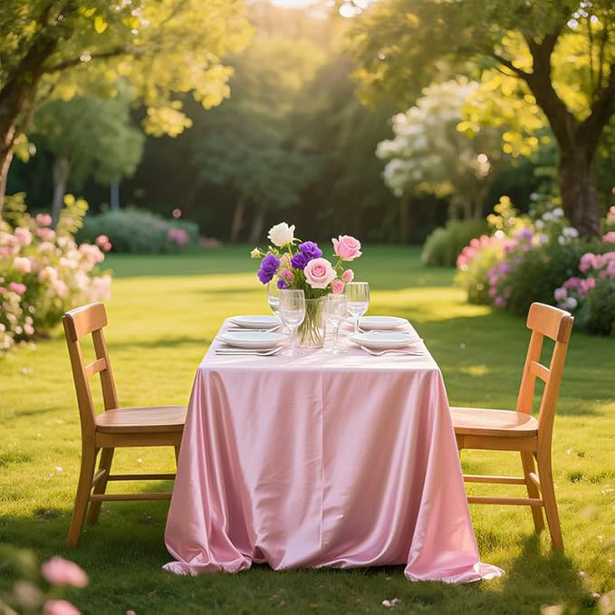 1 Pack Satin Tablecloth 58x102 Inches Rectangle - Soft Wrinkle Resistant Fabric for Wedding, Banquet, Party Decoration - Easy Care Machine Washable, Pink