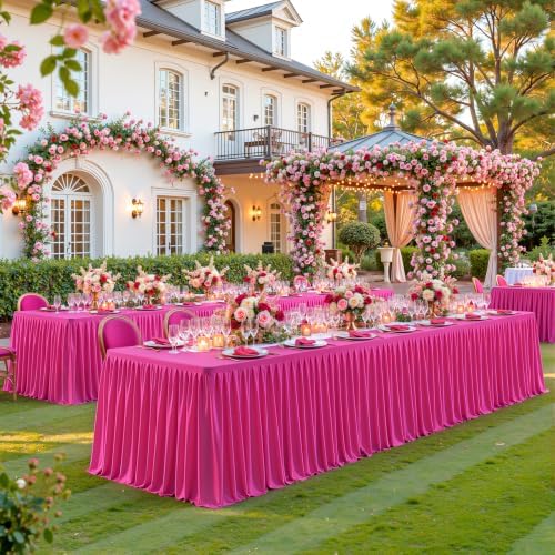 PARTISKY 2 Pack Hot Pink Tablecloths for Rectangle Tables 6ft, Wrinkle Resistant Spandex Table Cover Fitted Stretch Table Cloth with Pleated Ruffle Skirts for Party Banquet Dining Birthday Wedding - Image 7