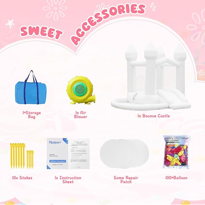 FBSPORT White Bounce House, Inflatable Bouncer with Air Blower,Indoor & Outdoor Bouncy Castle with Big Ball Pit for Wedding Party Kids Birthday Party, Easy to Install