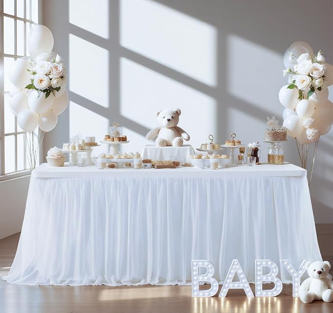 2 Pack White Tablecloth for 6 Foot Rectangle Tables with Tulle Table Skirt | Stretch Spandex Fitted Table Cover,One-Piece Design,Non-slip Elastic Wedding Table Cloths for Party Baby Shower Cake Display - Image 9
