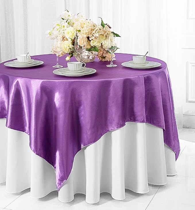 (2 PCS 54" Square Satin Table Overlays Toppers Tablecloths Table Overlay Cover Linens for Wedding Decoration Party Banquet Events - Victoria Lilac