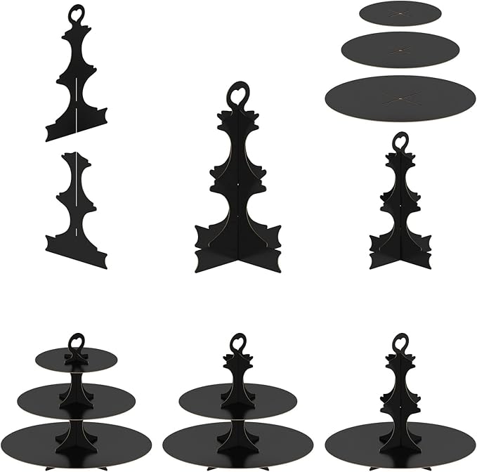 2 Pack Cupcake Stand Tower, BLISSUR Black 3 Tier Cupcake Stand, Cardboard Dessert Cupcake Stand Holder for Parties, Tiered Cupcake Stand (Black)
