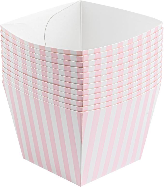 Restaurantware-Bio Tek 4.3 x 4.3 x 3.2 Inch Snack Boxes, 200 PE Coating Treat Boxes - Sturdy, Disposable, Pink And White Paper French Fry Box, Open Top, Striped Design - Image 15