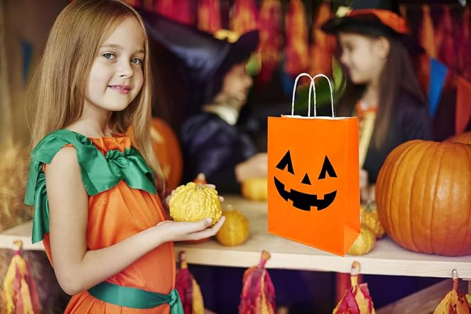 100 Pieces Halloween Pumpkin Gift Bags Trick or Treat Kraft Paper Candy Goodie Bags with Handle for Halloween Party Favors Supplies - Image 7