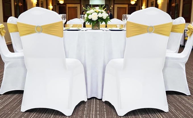 VDS - Gold | Spandex Chair Sashes Bows | 200 PCS | Stretch Elastic Banquet Universal Folding Chair Band Tie with Silver Buckle Slider for Wedding Party Conference Celebration Event Decoration - Image 6