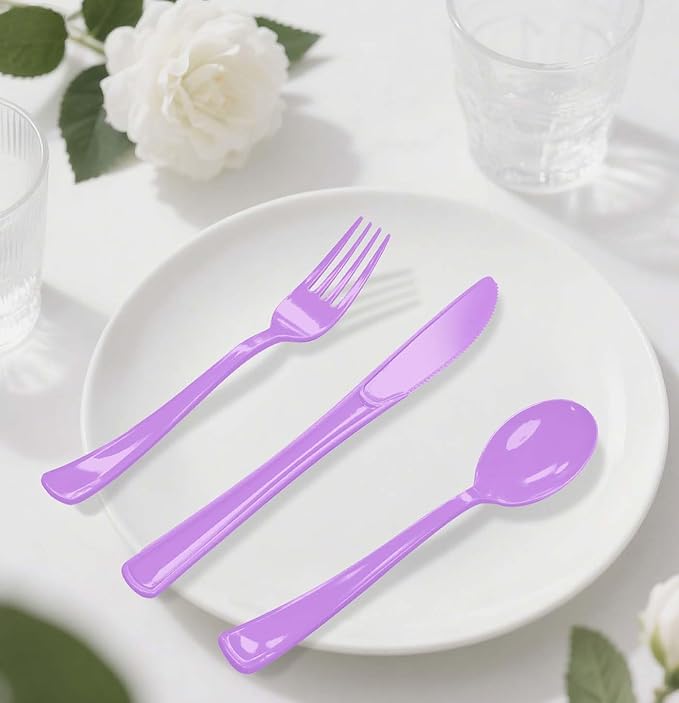 HEIPINIUYE 75 Pack Light Purple Plastic Cutlery Heavy Duty Lavender Plastic Knives Forks and Spoons Disposable Silverware Set for 25 Guest Camping Birthday Baby Shower Party Cutlery Set