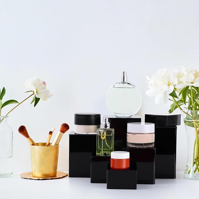 Thyle Jewelry Acrylic Risers Square Cube Display Nesting Risers Figure Stand with Hollow Bottoms Display Stand Shelf for Cosmetics Food Collectibles Perfume, 6 Sizes (Black,12 Pcs) - Image 7