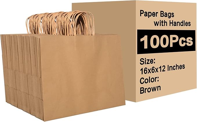 100 Pack Large Paper Gift Bags with Handles, 16 x 6 x 12 Inch, Brown | Kraft Material, Bulk Pack for Craft, Shopping, Business, Retail, Party Favor, Birthday and Grocery Use - Image 8