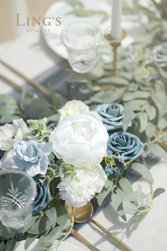 Ling's moment Dusty Blue Artificial Flower Garland Wedding Arch 6 FT | White Rose & Eucalyptus, Greenery, Sweetheart Table Decor, Floral Garland for Mantle, Centerpieces, Backdrop - Image 9