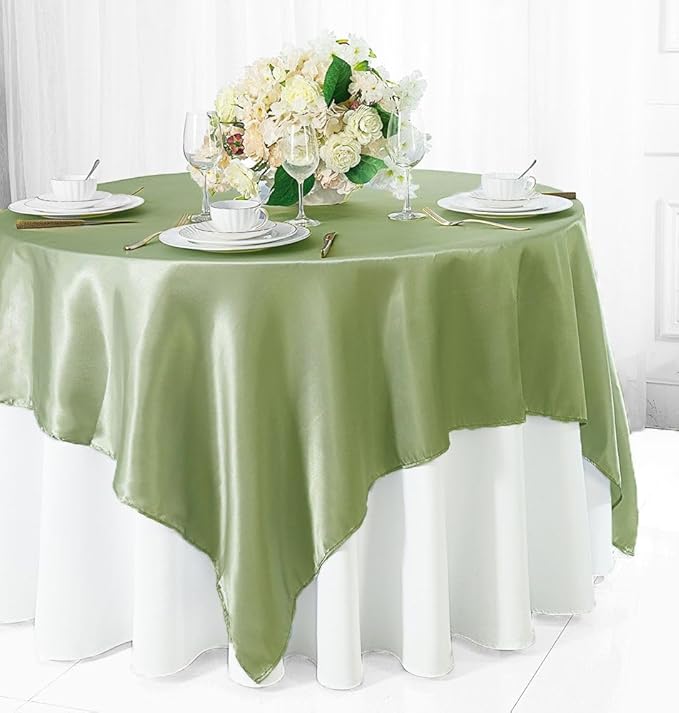 (2 PCS 54" Square Satin Table Overlays Toppers Tablecloths Table Overlay Cover Linens for Wedding Decoration Party Banquet Events - Sage Green
