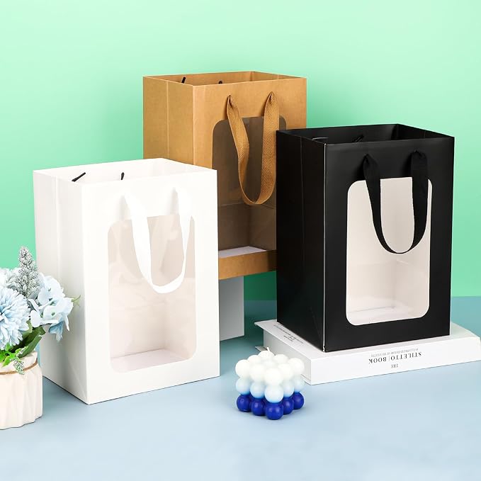 EUSOAR Bridal Party Gift Bags, 50pcs 7"x5.12"x9.84" Kraft Paper Gift ShoppingBags with Transparent Window, Clear Bouquet Tote Bags With Handle for Gift Wrapping Festival Bridal Party Gifts - Image 7