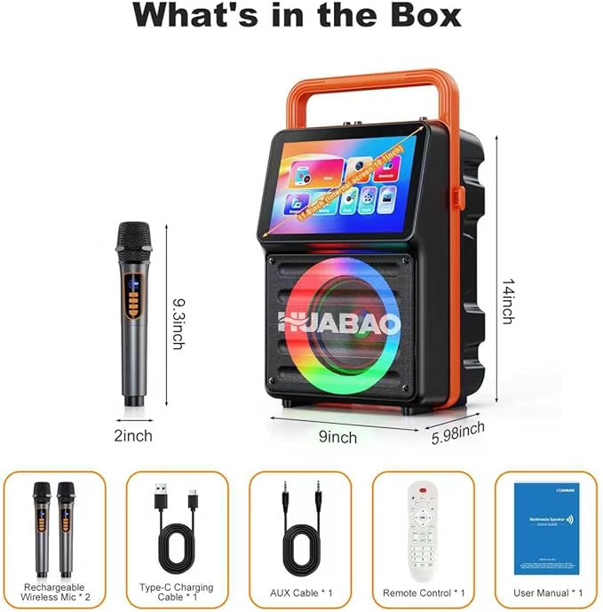 Karaoke Machine with 10.1” Built-in Screen, Bluetooth Speaker with Lyrics Display, Wireless Screen Mirroring for iOS & Android, PA System with Lights, 2 Rechargeable Mics, 5400mAh, Perfect for Parties