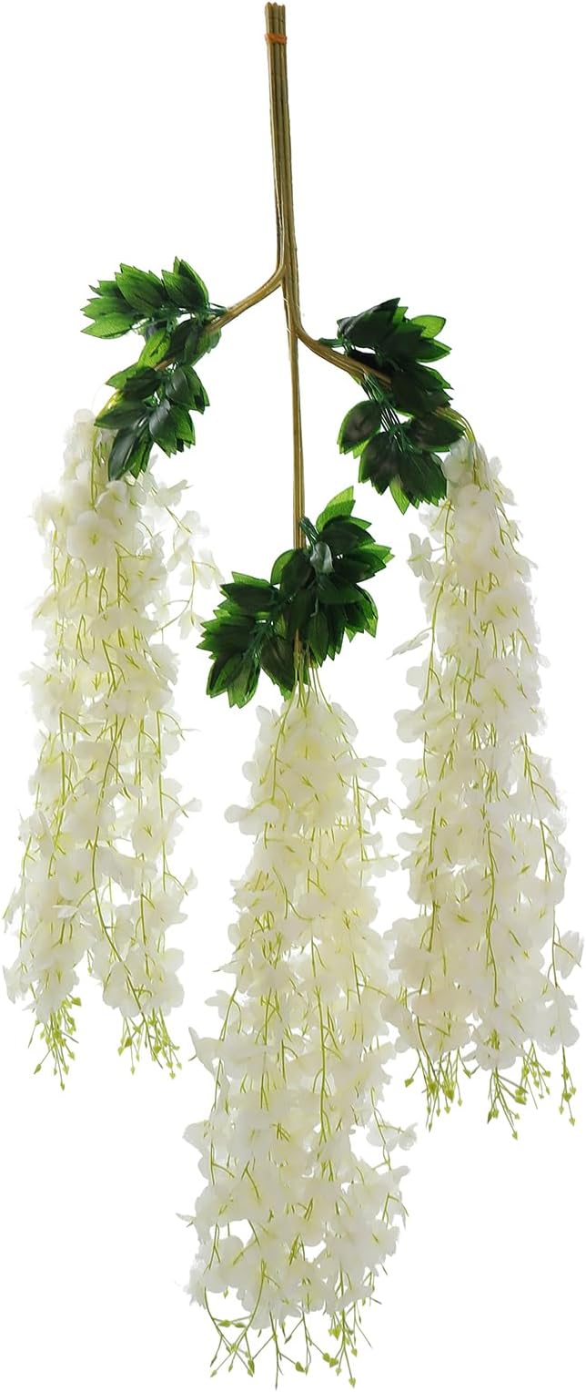 12pcs Pack 43.3" Flame Retardant Artificial Wisteria Hanging Flowers Fake Flores Garland Silk Wisteria String Vines Rattan Wedding Party Wall Ceiling Trade Show Garden Decorations (White) - Image 9
