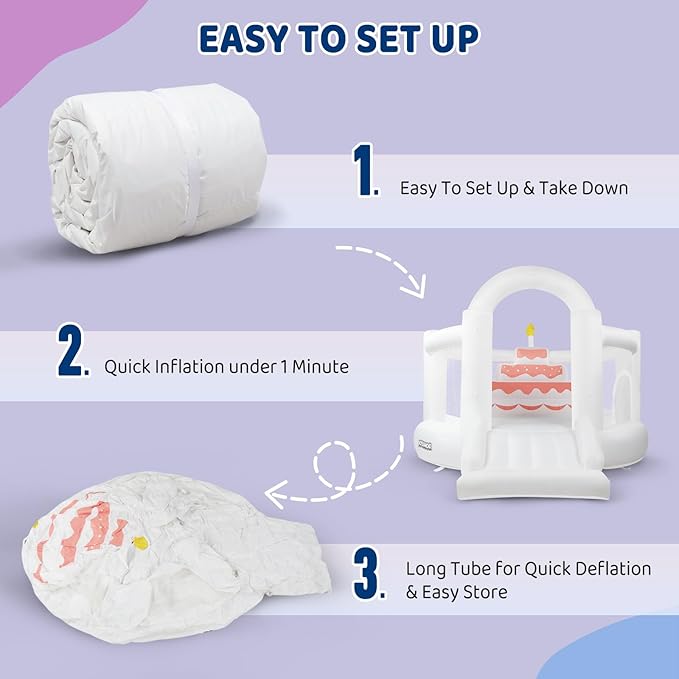 (2025 New) JOYMOR Bounce House for Kids (12FTx10FTx7.2FT) with Slide, Balloons, Spacious Bouncer, White Bounce House for Kids Birthday Party w/Blower 30s Set-up, Portable Bag (Cake)