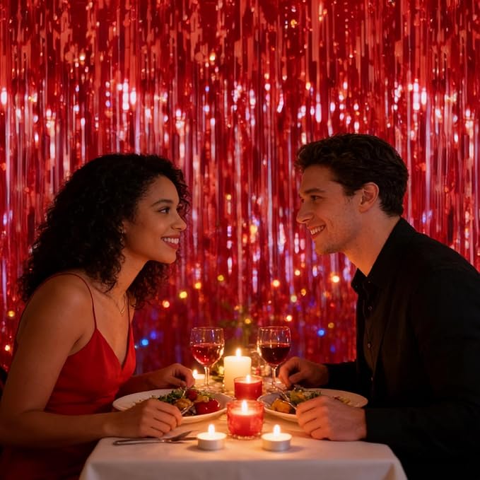 2 Pack Thickened Red Metallic Foil Fringe Curtains Streamer Rip Resistant Shimmer Tinsel Photo Booth Backdrop for Birthday Wedding Christmas Bachelorette Party Decorations 3.28ft x 6.56ft