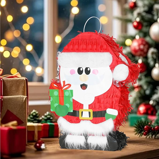 Christmas Santa Claus Pinatas Bundle with a Blindfold and Bat (Small Size 17x12.5x4 Inches), Holiday Theme Piñata, Christmas Party Supplies, Xmas Piñata, Party Decoration Games