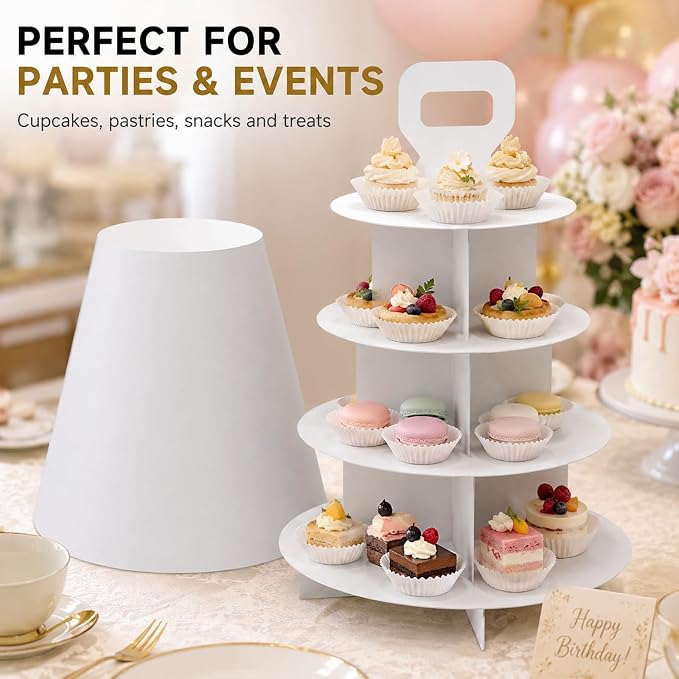 4-Tier Cupcake Stand, 5 Set Cardboard Cupcake Tower with Paper Cover, Dessert Cup Cake Stand Tower for Birthday Wedding Party Decoration,Afternoon Tea Stand, Cupcake Tier Stand - Image 9