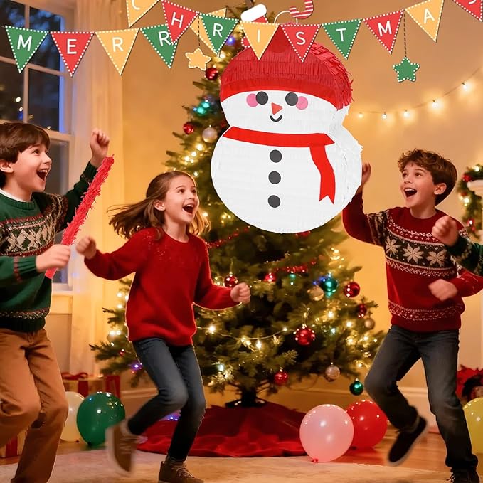 Cute Snowman Pinatas Bundle with a Blindfold and a Bat (17 x 12 x 4 Inches), Perfect for Winter Holiday boys and girls Birthday Parties, Christmas Party Decorations Games for Kids Party