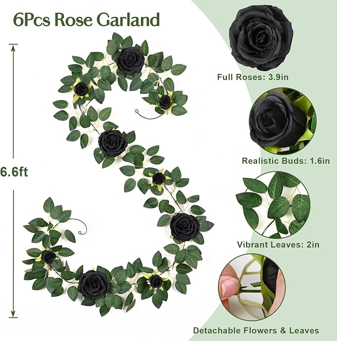 6Pcs Flower Garland with Light, 39.6Ft Realistic Rose Floral Garland, Black | Full Fake Flowers Vines, Vibrant Silk Long Rose Garland for Wedding Party Table Runner Backdrop Home Outdoor Decor - Image 8