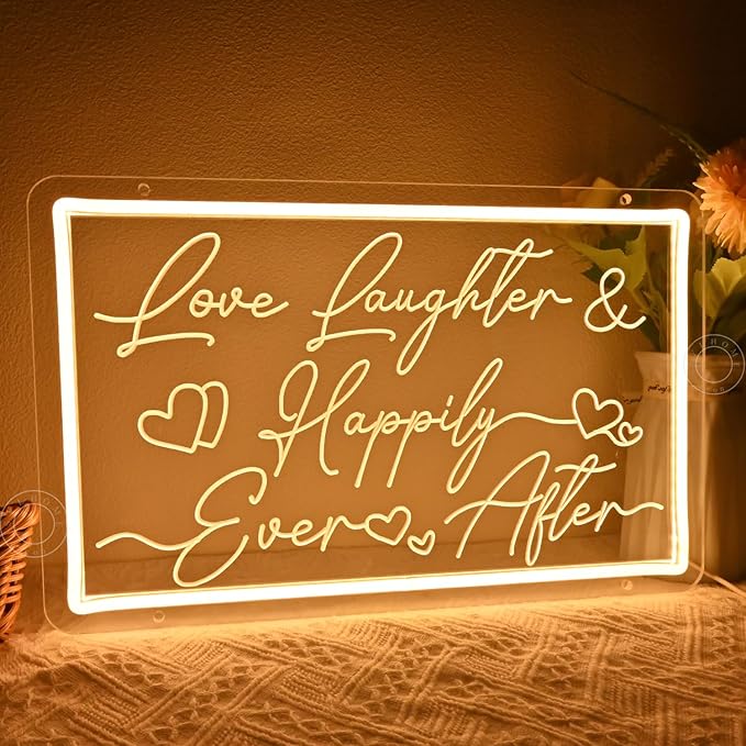 SYLHOME Led Neon Light Sign Love Laughter Happily Ever After Wedding Backdrop Home Bedroom Living Room Wall Sign Decor Birthday Christmas Party 15.75" X 9.84" USB