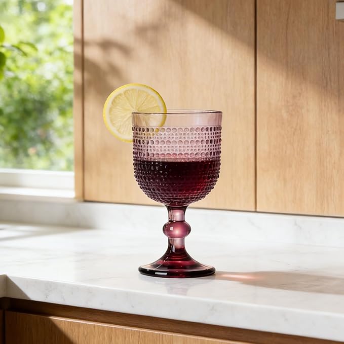 Purple Wine Glasses Set of 4, 12oz Vintage Goblet Glasses, Embossed Glass Cups Hobnail Glassware for Weddings, Dinners, and Holiday Gifting