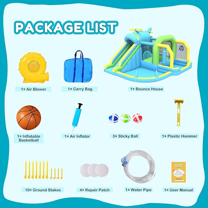 Inflatable Bounce House Water Slide,12-in-1 Oversized Indoor Bounce House for Kids 3-6 Tall Slide,Climbing Wall, Water Pool, Ball Pit,Sprinker,Dart, Basketball Hoop, 550W Blower for Backyard Party