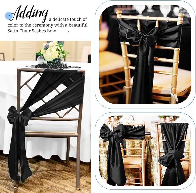 Pesonlook 60 PCS Black Satin Chair Sashes Bows Satin Chair Sashes Universal Chair Cover for Wedding Reception Restaurant Event Decoration Banquet,Party,Hotel Event Decorations (7 x 108 inch) - Image 8