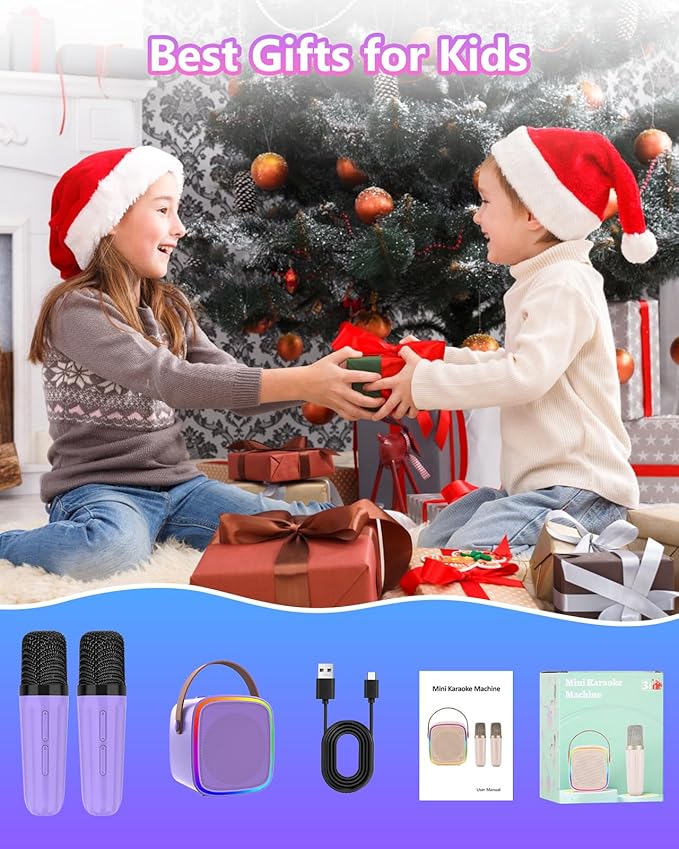 Mini Karaoke Machine with 2 Wireless Microphones, Kids Toys Portable Bluetooth Speaker for Kids Adults Toddler, Christmas Girls Toys for 4 5 6 7 8 9 10 12 Year Old Birthday Gift Ideas (Purple)