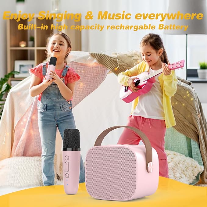 Mini Karaoke Machine,Funny Toys Christmas Birthday Gifts for Kids Age 4-12 Girls,Boys,Adults, Karaoke Microphone Toys for 4,5,6,7,8,9,10,11,12+ Year Old Girls Boys (Pink 2 Mics)