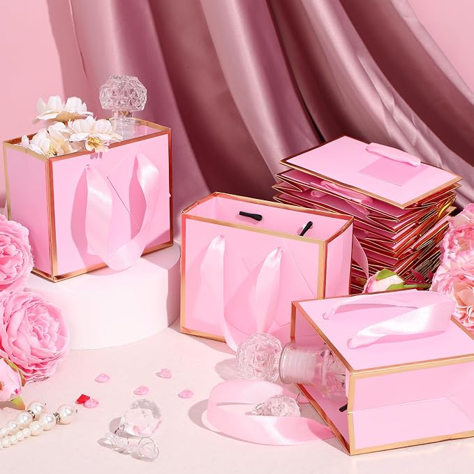 Yeaqee 25 Pcs Mini Metallic Paper Gift Bags with Handle, Pink, Gold | 4.75x2.25x4'' Small Gift Bag with DIY Tag, Tiny Thank You Party Favor, Wedding Baby Shower Birthday Back to School Jewelry - Image 7