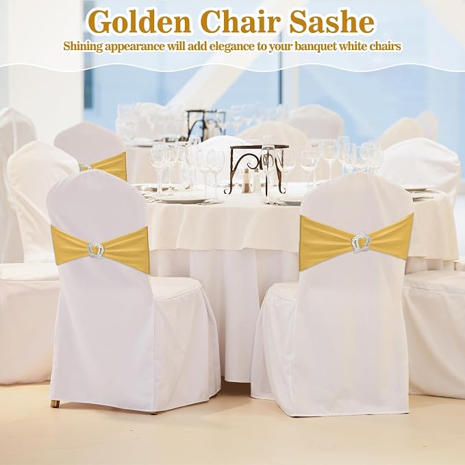 VitalCozy 100 Pcs Spandex Chair Sashes with Crown Buckle,Light Gold - Image 6