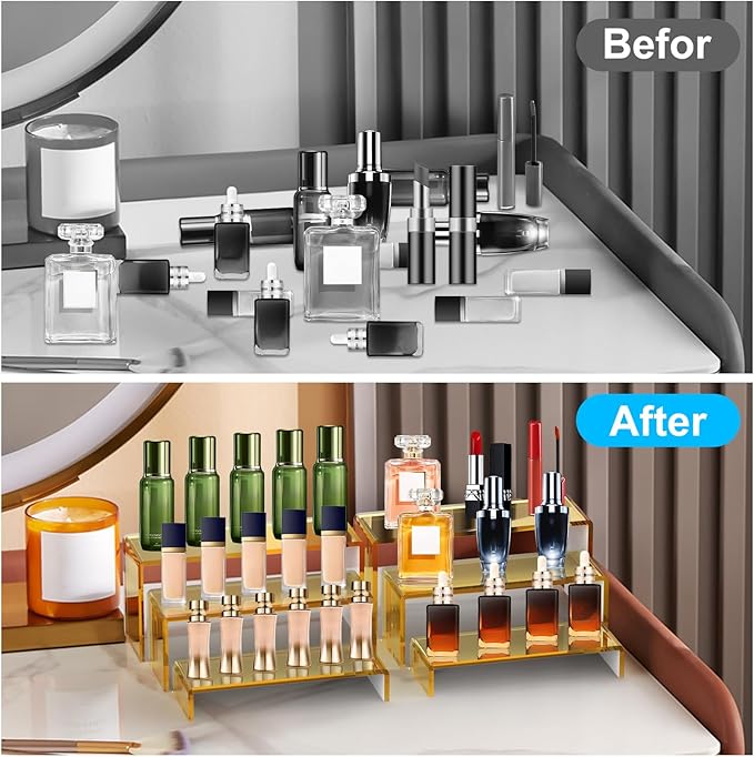 6 PCs Risers Display Stands 3 Tiers Desktop Acrylic Shelves Cake Dessert Holder Products Stand for Collectibles Shoes Jewels Pop Figure (Gold)