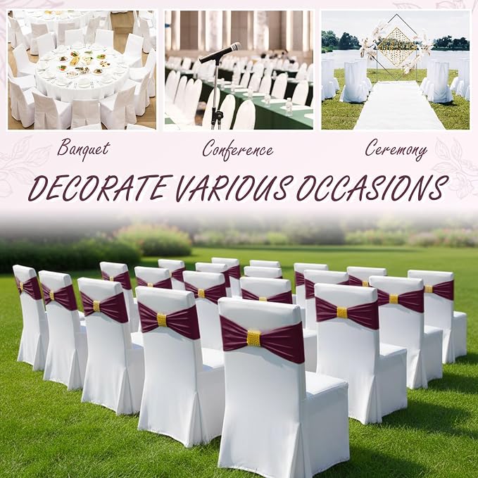 Moukeren 50 Pcs Spandex Chair Sashes with Buckles, Wine | Stretch Bands with Rhinestone Buckles, Universal Elastic Ribbons for Wedding Party Banquet Ceremony Birthday Event Decor - Image 7