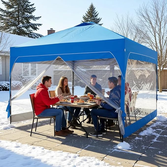 10x10 FT Pop Up Canopy with 4 Clear Sidewalls, 1-Button Push Instant Canopy Tent with Sandbags, Enclosed PVC Walls for Outdoor Activities & Events