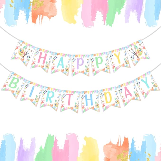 Art Party Decorations Girl Pastel Happy Birthday Banner Pre-Strung Macaron Crayon for Rainbow Painting Drawing Artist Theme Party Supplies