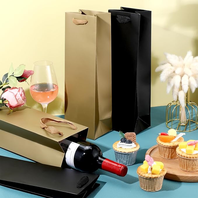 Fumete 50 Pack Wine Bottle Gift Bags Paper Wine Gift Bags Bulk 13.8x3.7x3.5 Inch with Handles for Appreciation Gifting Wedding Anniversary Birthday Party(Black, Gold) - Image 7
