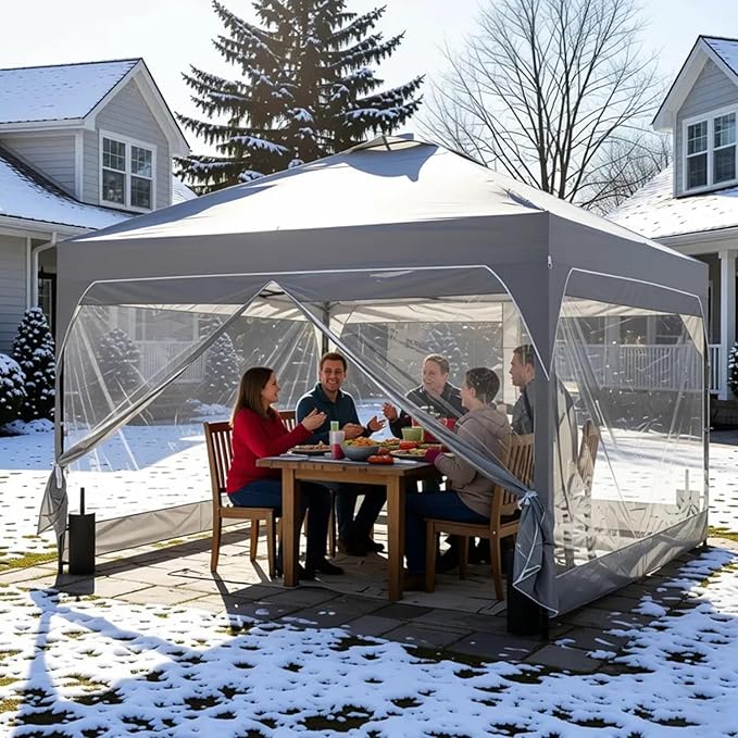 10x10 FT Pop Up Canopy with 4 Clear Sidewalls, 1-Button Push Instant Canopy Tent with Sandbags, Enclosed PVC Walls for Outdoor Activities & Events