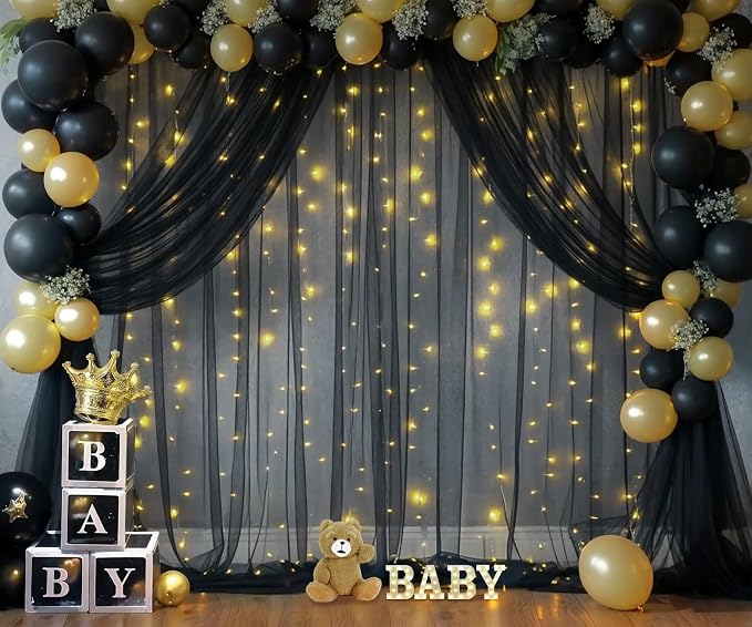 10×12ft Black Sheer Backdrop Curtains with Lights String for Parties Birthday Black Tulle Backdrop Curtain for Baby Shower Wedding Graduation Halloween Party Photo Shoot Decorations 2 Panels 5×12ft - Image 8