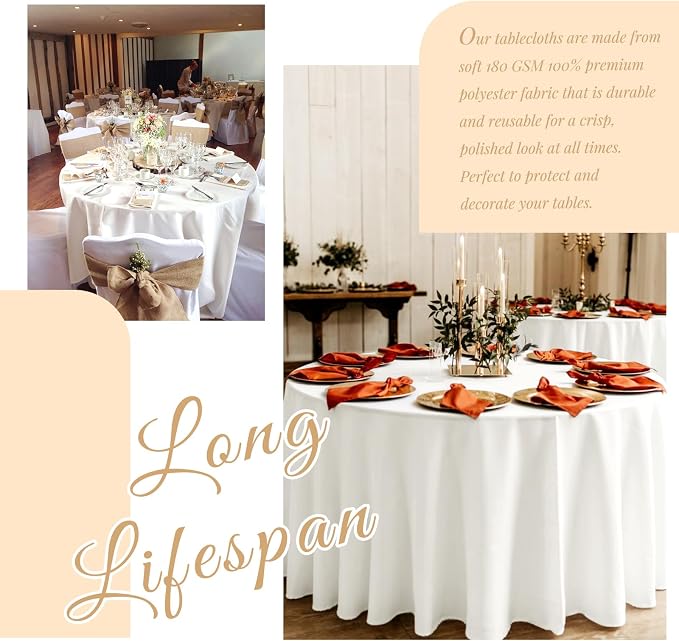 Showgeous 120 Inch Ivory Round Tablecloths, Polyester Table Covers | 10 pack Tablecloths for Round Tables Washable polyester Table Cloth Decorative Fabric for Dining Wedding Party Banquet Buffet - Image 8