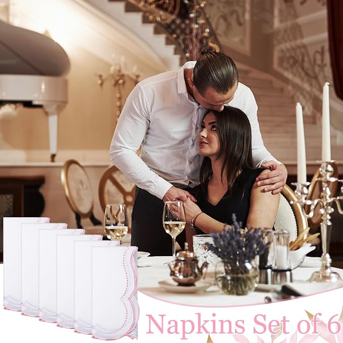 Hahafelt 6 Set Scalloped Cloth Napkins, Embroidery Polyester, Light Pink | 18x18 Inch Washable Cloth Napkins, Reusable Fabric for Hotel Restaurant Table Dinner Wedding Events Parties - Image 7