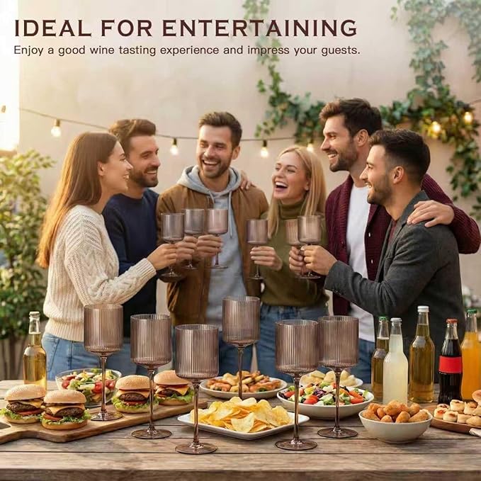 Smokey Gray Square Wine Glasses Set of 6, Elegant Ribbed Design Colored Crystal Glassware with Long Stem, 11.5oz Hand Blown Stemware For Red & White Wine Home Bar Party