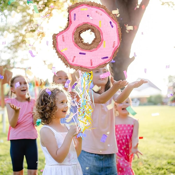 WERNNSAI Donut Piñata - Pink Donut Pinata with String Birthday Party Decorations Piñata with Stick Blindfold for Girls Kids Dount Pull String Pinata Family Games Birthday Party Supplies