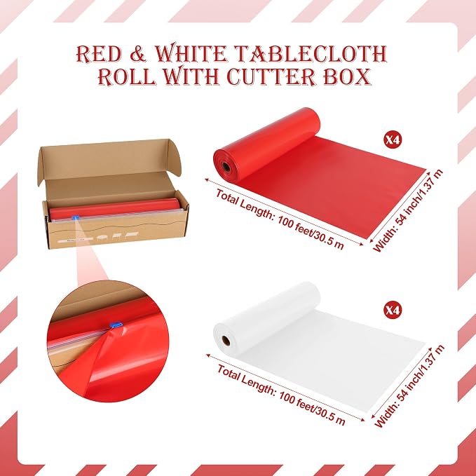8 Rolls 100FT x 54IN Circus Plastic Tablecloth Roll with Slide Cutter Box | Heavy Duty White & Red Solid Color Disposable Table Cover Wall Backdrop, Cut-to-size for Halloween, Carnival & Party Buffets - Image 7