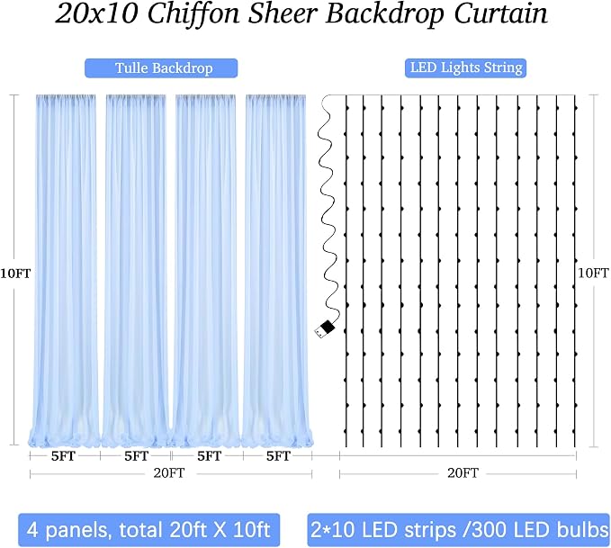 20ft x 10ft Baby Blue Chiffon Backdrop Curtain with Lights String for Parties,4 Panels Sheer Tulle Curtain Wedding Backdrop for Baby Shower Birthday Party Ceremony Reception Home Decorations - Image 8