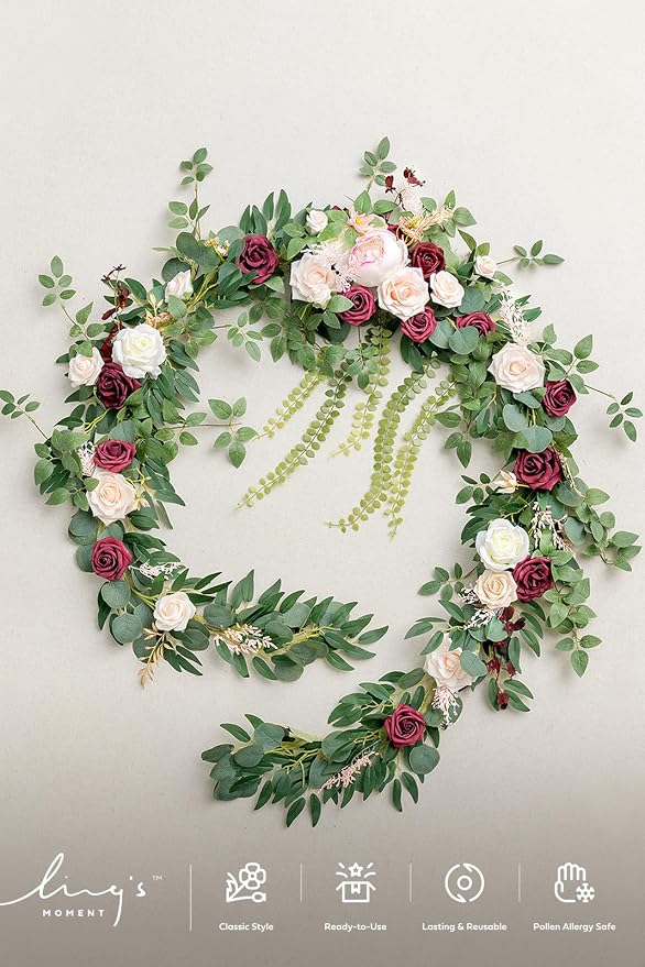 Ling's moment Burgundy Eucalyptus Flower Garland Wedding Arch 9 FT | Blush Rose & Eucalyptus, Greenery, Sweetheart Table Decor, Marsala Floral Garland for Mantle, Centerpieces, Backdrop - Image 8