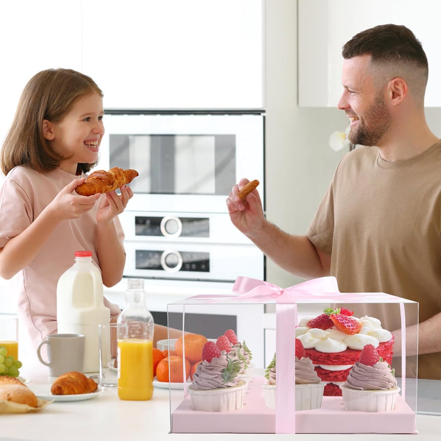 JCD 3 Packs Pink 1+5 Cupcake Containers with Gift Ribbon Cake and Cupcake Combo Bento Boxes with Clear Lid and 5 Cupcake Holes Pastry Sweets Bento Box(Pink 1+5/3Pcs)